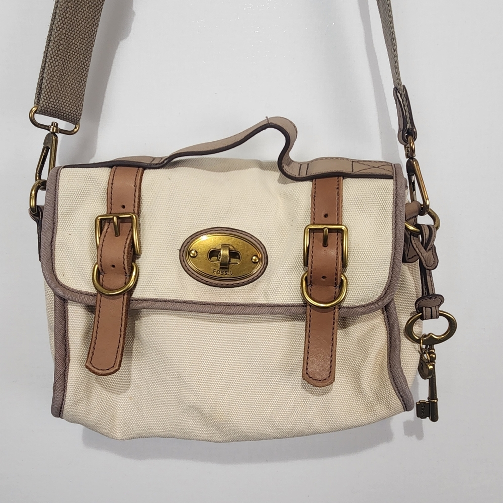 Fossil Vintage Canvas & Leather Crossbody Purse Beige - Picture 2 of 9